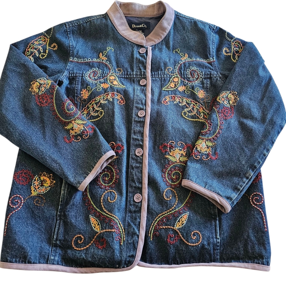 Denim & Co Embroidered Boho Floral Dark Blue Jacket with‎ Button Closure Sz XL